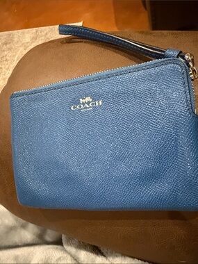 Coach Blue Textured Leather Wristlet with Gold Logo
